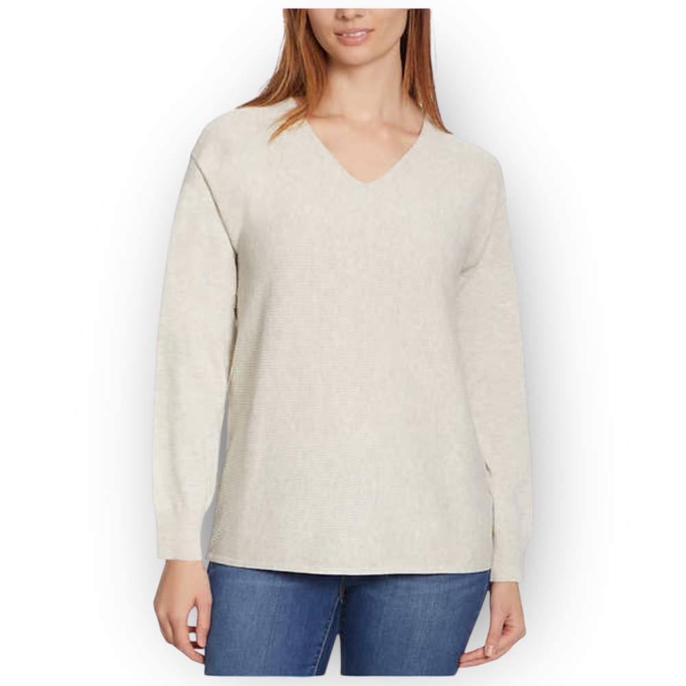 NWT Ella Moss Textured Knit V-Neck Sweater – Cream-Grey Oatmeal – Size M